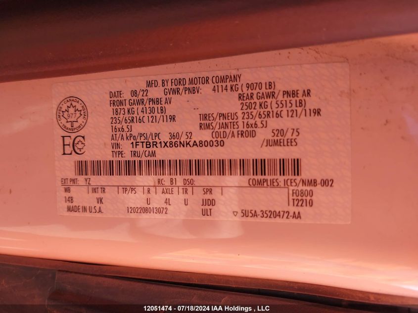 2022 Ford Transit T-250 VIN: 1FTBR1X86NKA80030 Lot: 12051474