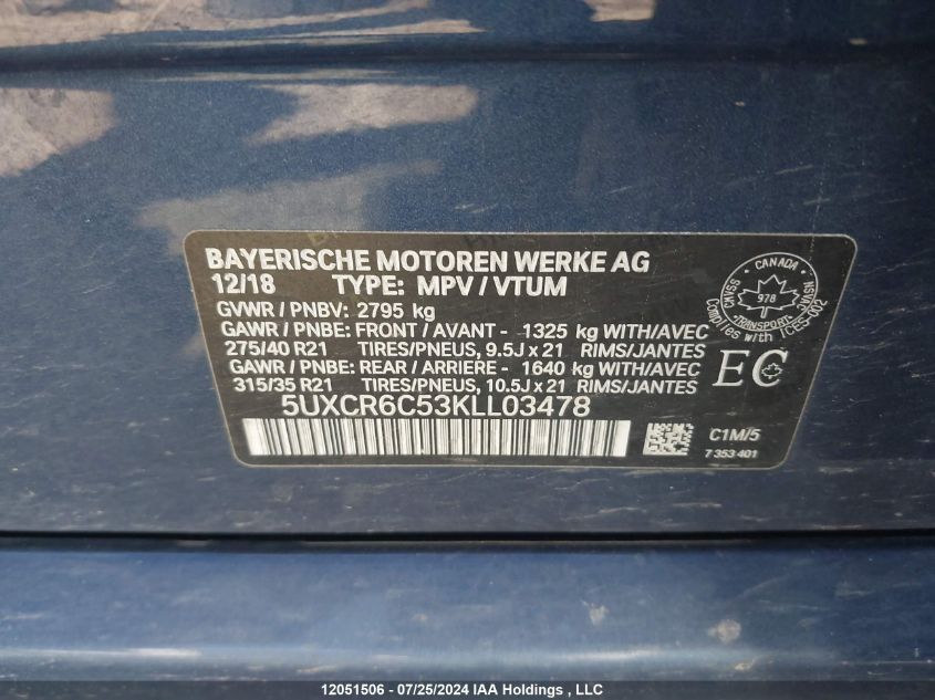 2019 BMW X5 VIN: 5UXCR6C53KLL03478 Lot: 12051506