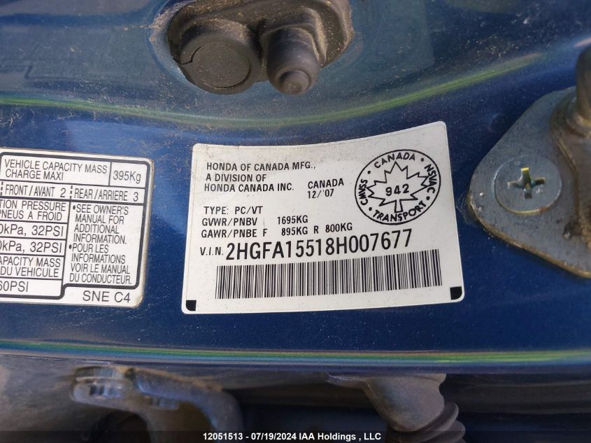2008 Honda Civic Lx VIN: 2HGFA15518H007677 Lot: 12051513