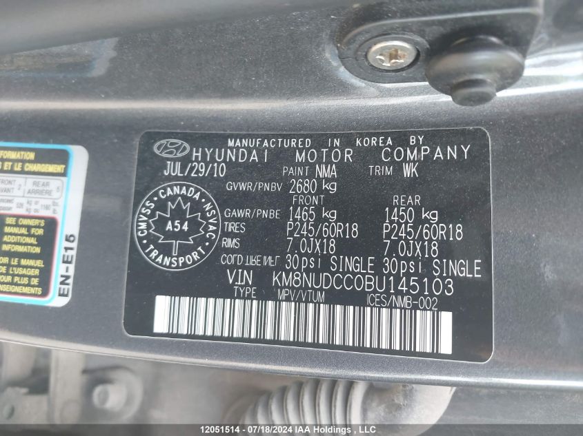 2011 Hyundai Veracruz Gls VIN: KM8NUDCC0BU145103 Lot: 12051514