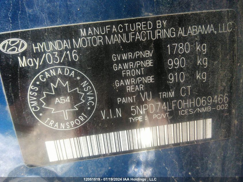 2017 Hyundai Elantra Le VIN: 5NPD74LF0HH069466 Lot: 12051519