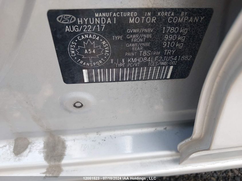 2018 Hyundai Elantra Sel/Value/Limited VIN: KMHD84LF2JU541882 Lot: 12051523