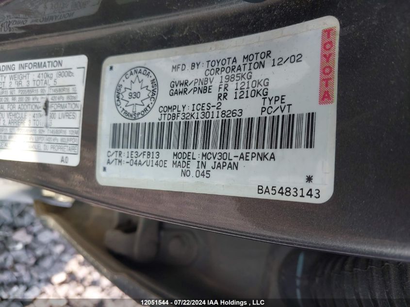 2003 Toyota Camry Le/Xle VIN: JTDBF32K130118263 Lot: 12051544