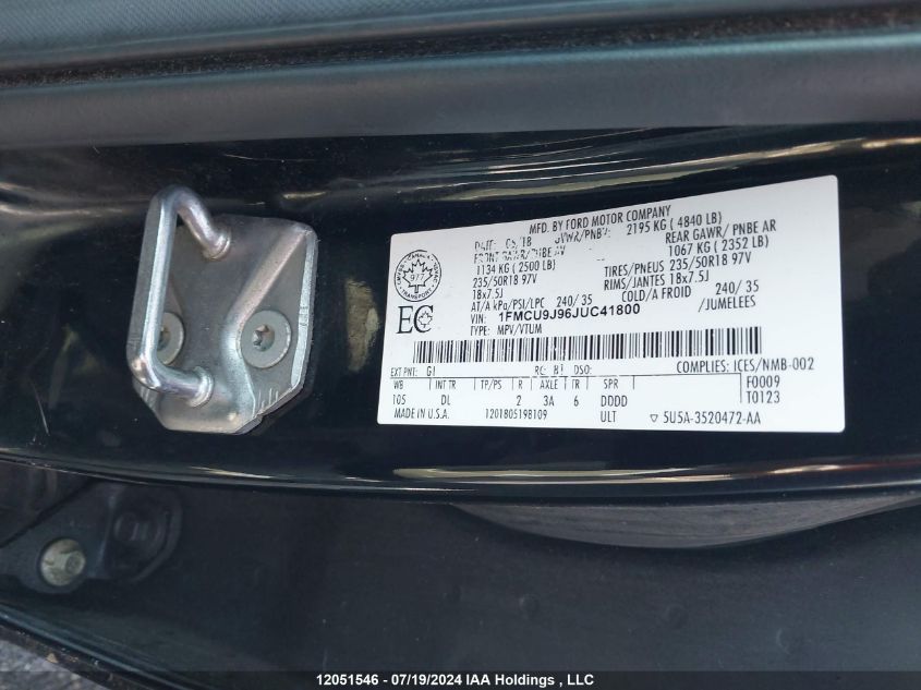 2018 Ford Escape Titanium VIN: 1FMCU9J96JUC41800 Lot: 12051546