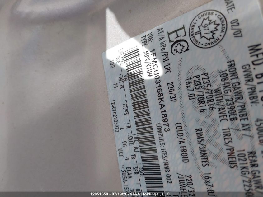 2008 Ford Escape VIN: 1FMCU03168KA18973 Lot: 12051550