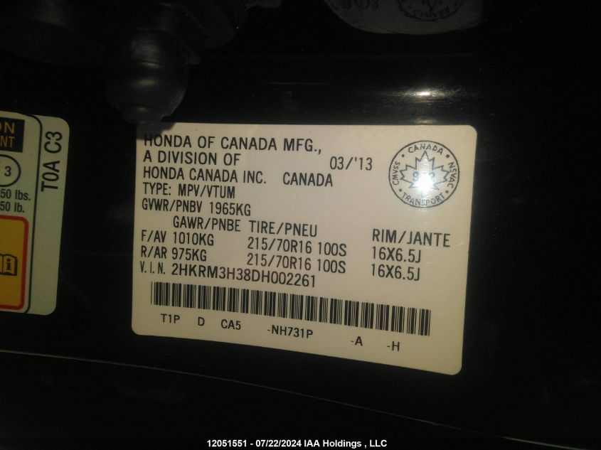 2013 Honda Cr-V Lx VIN: 2HKRM3H38DH002261 Lot: 12051551