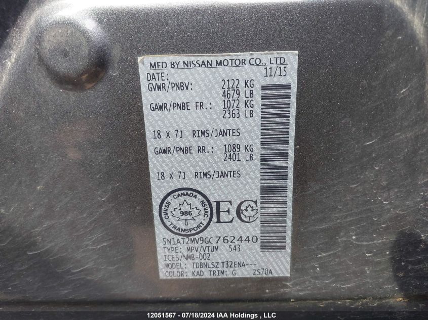 2016 Nissan Rogue VIN: 5N1AT2MV9GC762440 Lot: 12051567