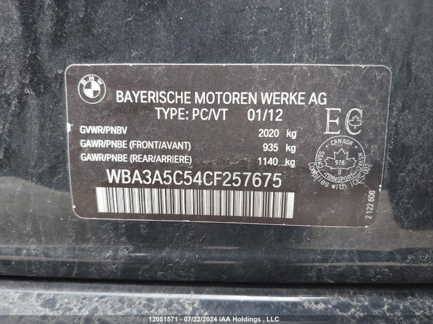 2012 BMW 3 Series VIN: WBA3A5C54CF257675 Lot: 12051571