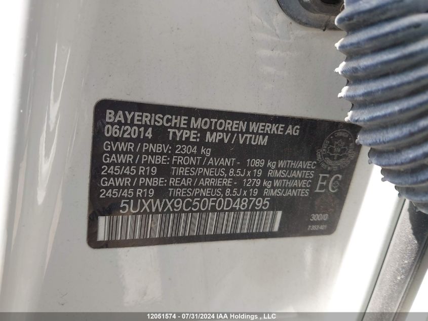 2015 BMW X3 xDrive28I VIN: 5UXWX9C50F0D48795 Lot: 12051574