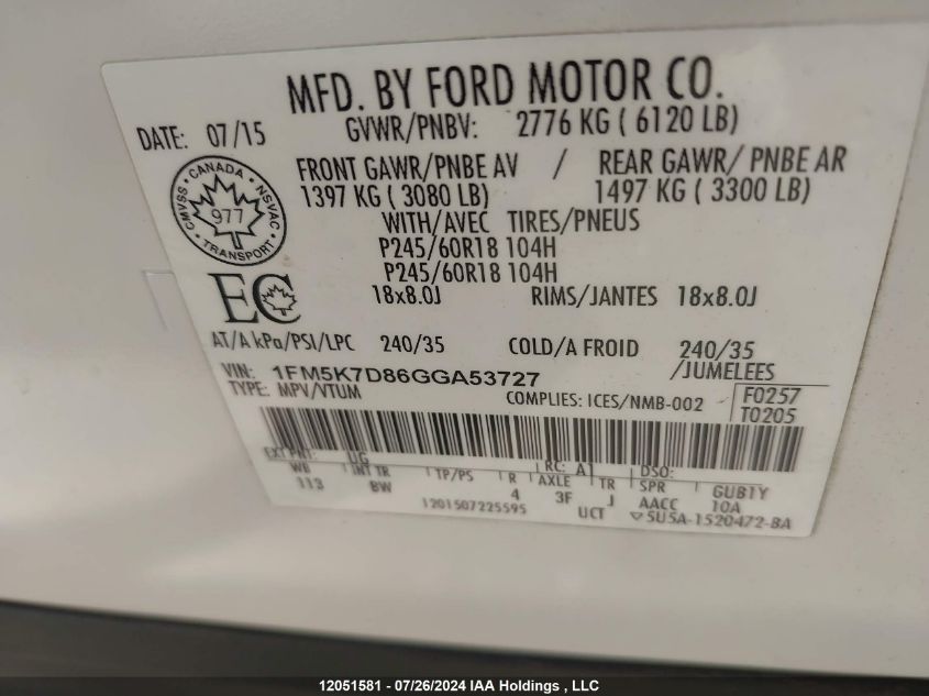 2016 Ford Explorer Xlt VIN: 1FM5K7D86GGA53727 Lot: 12051581