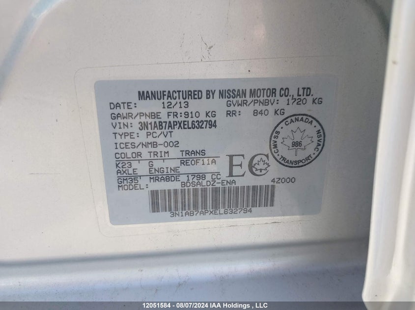 2014 Nissan Sentra VIN: 3N1AB7APXEL632794 Lot: 12051584