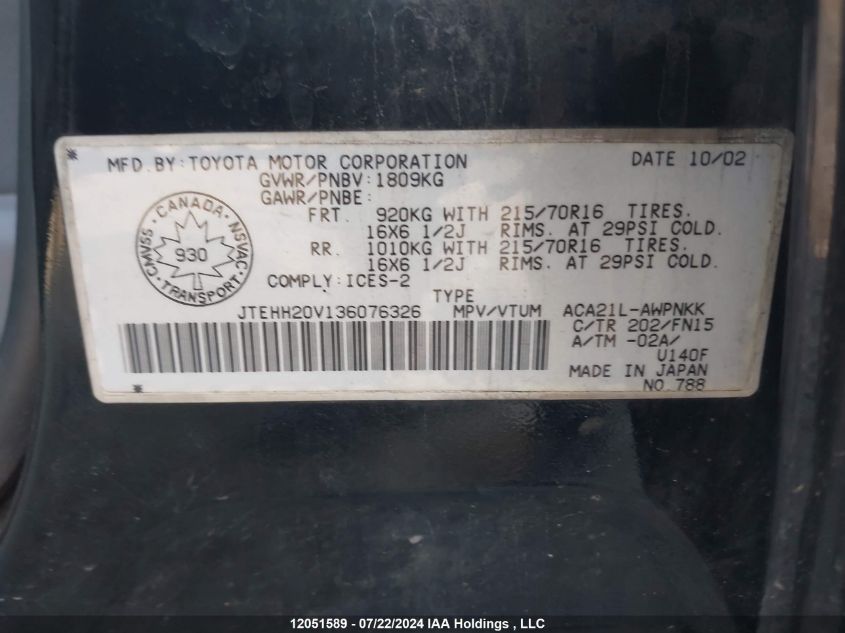 2003 Toyota Rav4 VIN: JTEHH20V136076326 Lot: 12051589