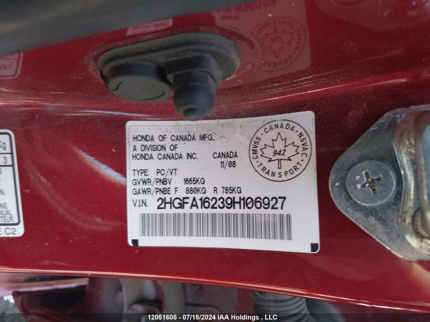 2009 Honda Civic Dx VIN: 2HGFA16239H106927 Lot: 12051605