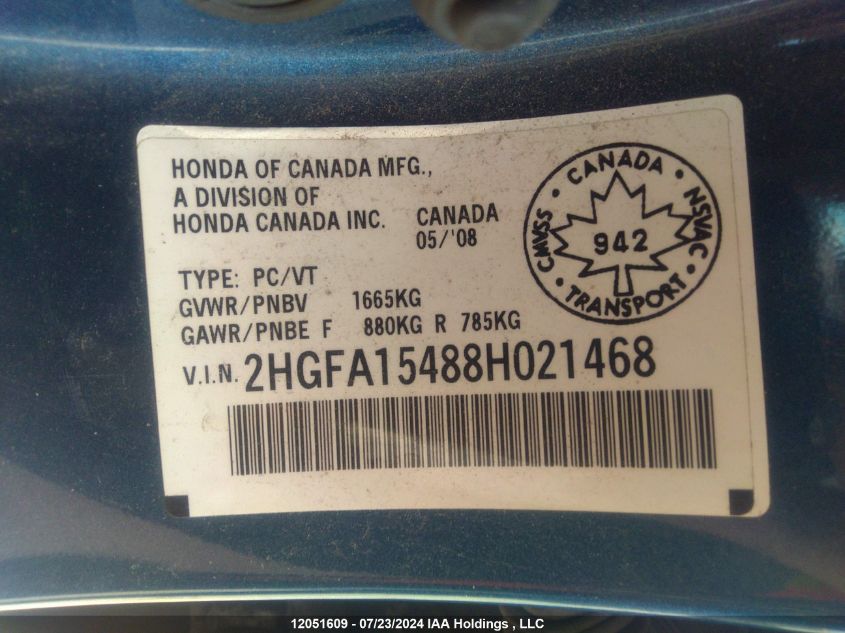 2008 Honda Civic Dx-G VIN: 2HGFA15488H021468 Lot: 12051609