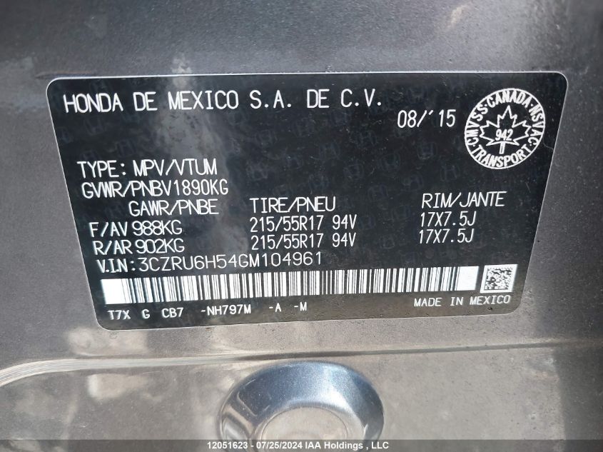 2016 Honda Hr-V VIN: 3CZRU6H54GM104961 Lot: 12051623