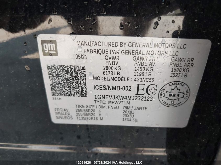 2021 Chevrolet Traverse Rs VIN: 1GNEVJKW4MJ232123 Lot: 12051626