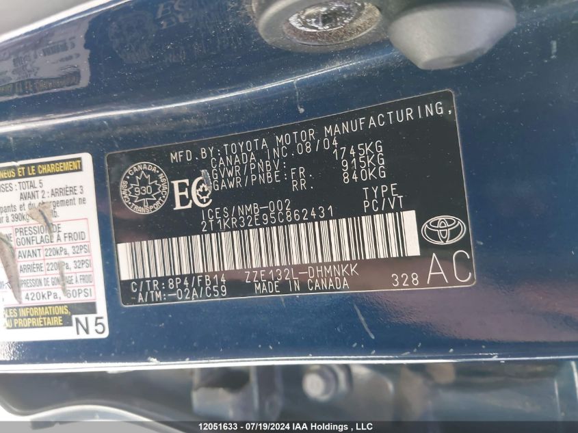 2005 Toyota Matrix Xr VIN: 2T1KR32E95C862431 Lot: 12051633