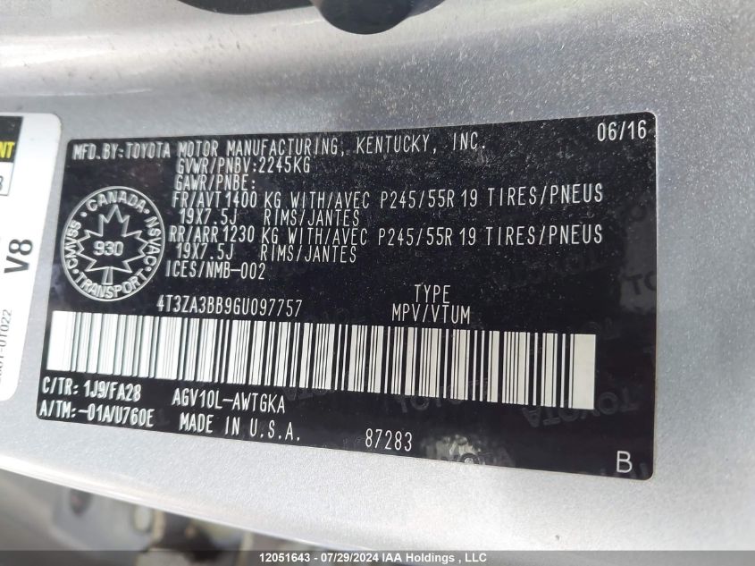 2016 Toyota Venza VIN: 4T3ZA3BB9GU097757 Lot: 12051643