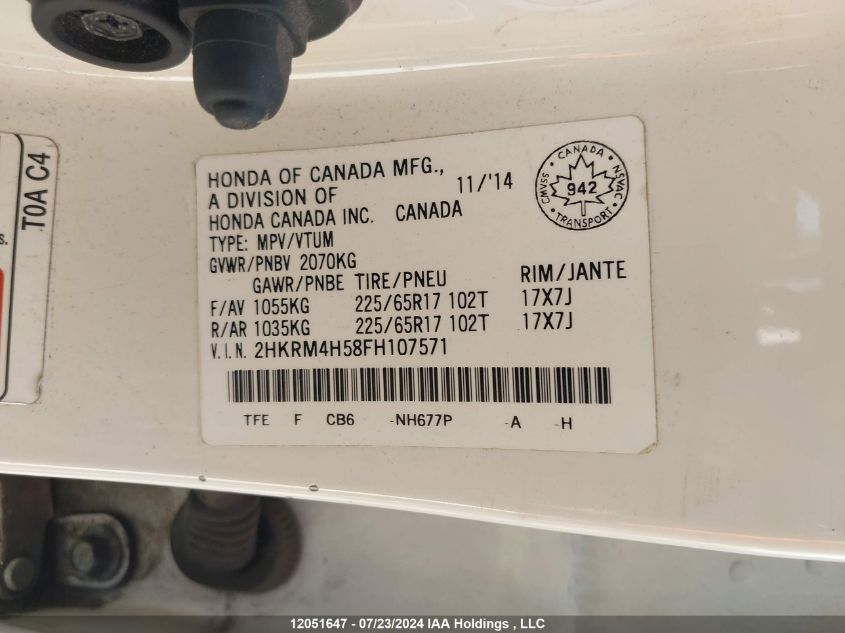 2015 Honda Cr-V VIN: 2HKRM4H58FH107571 Lot: 12051647