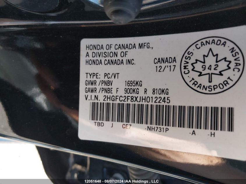 2018 Honda Civic VIN: 2HGFC2F8XJH012245 Lot: 12051648