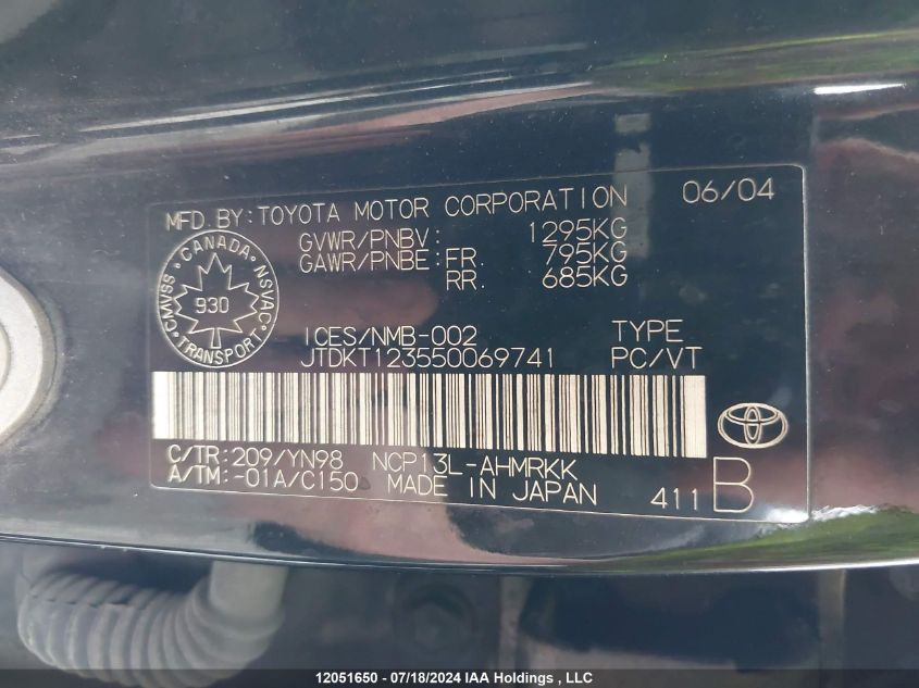 2005 Toyota Echo VIN: JTDKT123550069741 Lot: 12051650