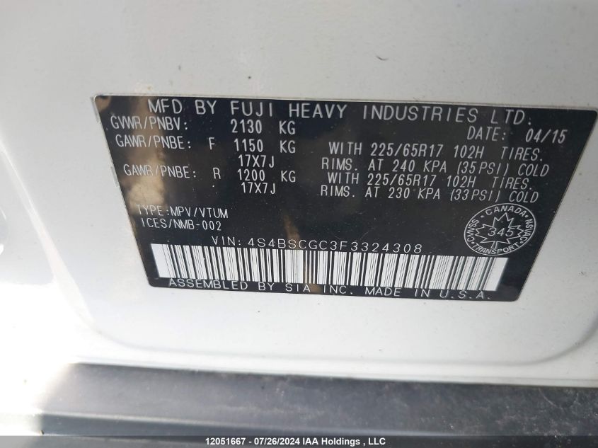 2015 Subaru Legacy Outback VIN: 4S4BSCGC3F3324308 Lot: 12051667