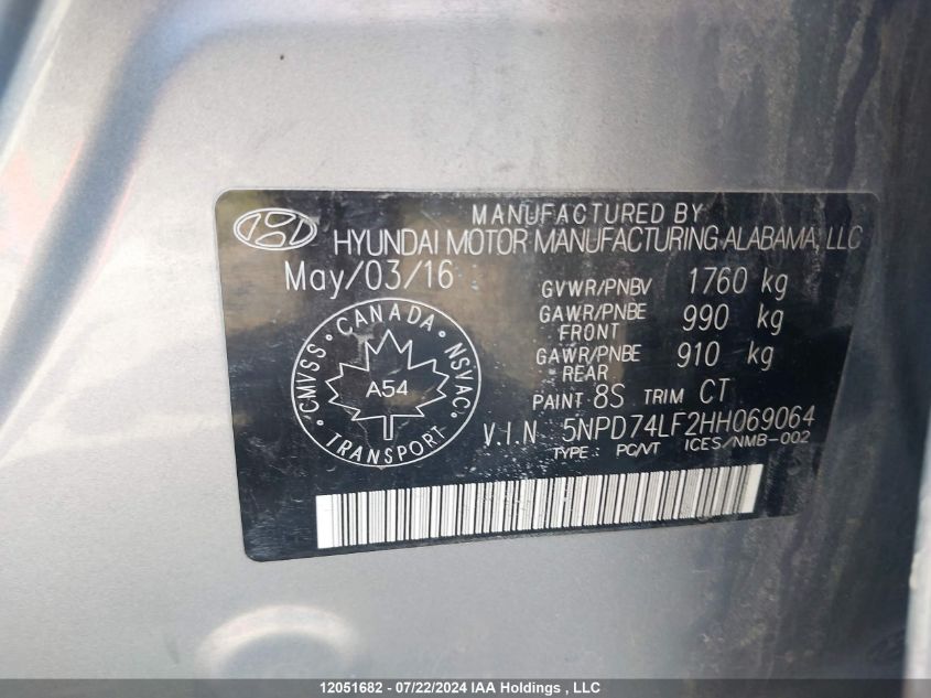 2017 Hyundai Elantra L VIN: 5NPD74LF2HH069064 Lot: 12051682
