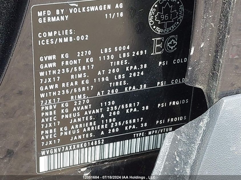 2017 Volkswagen Tiguan VIN: WVGNV7AXXHK014852 Lot: 12051684