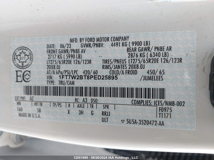 2023 Ford F-250 Lariat VIN: 1FT7W2BT8PED25895 Lot: 12051688