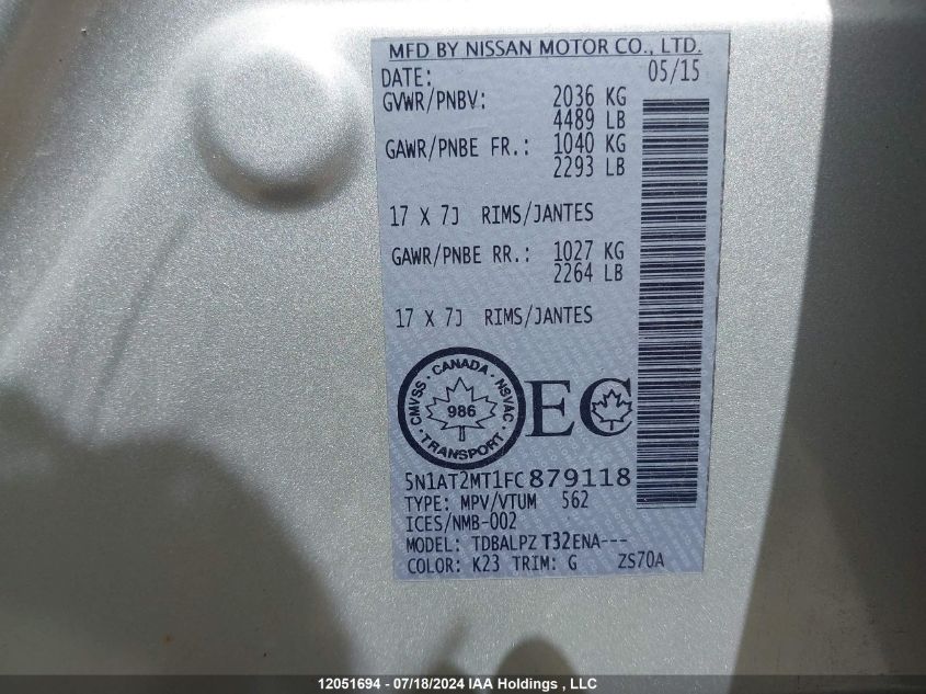 2015 Nissan Rogue VIN: 5N1AT2MT1FC879118 Lot: 12051694