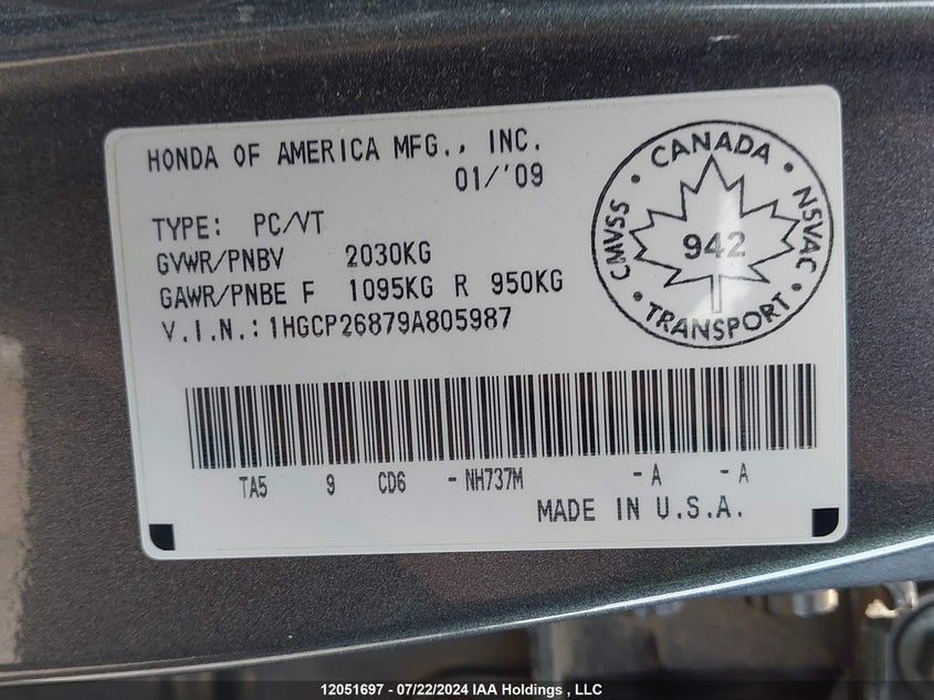 2009 Honda Accord Sedan VIN: 1HGCP26879A805987 Lot: 12051697