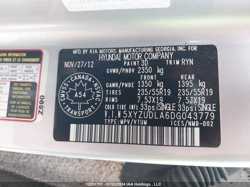 2013 Hyundai Santa Fe Sport 2.0T Limited VIN: 5XYZUDLA6DG043779 Lot: 12051701