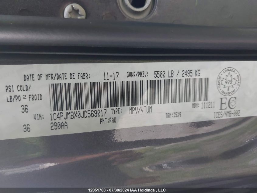 2018 Jeep Cherokee Trailhawk VIN: 1C4PJMBX0JD569017 Lot: 12051703