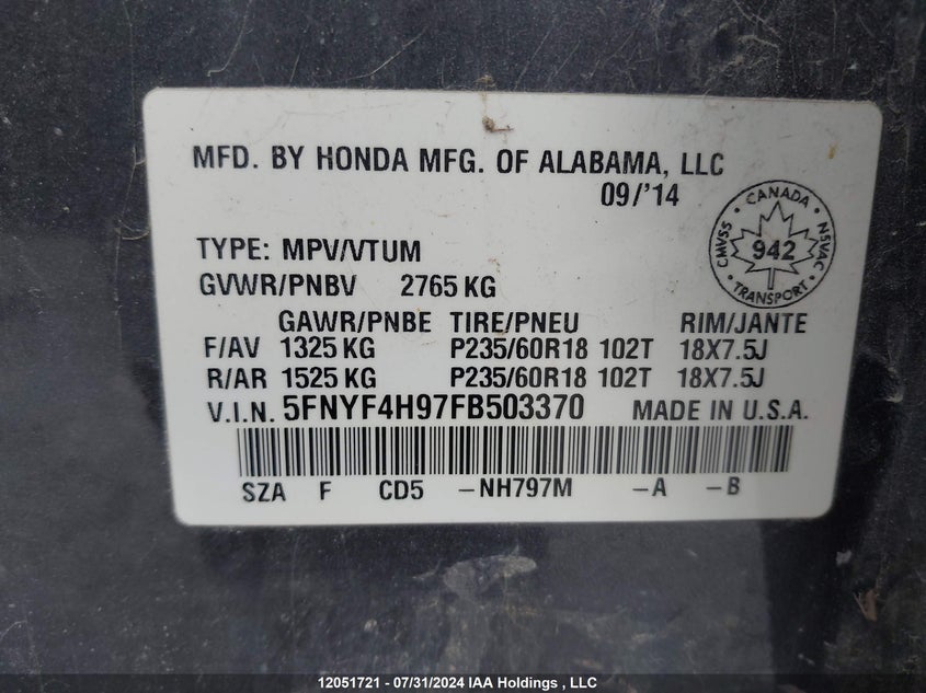 2015 Honda Pilot VIN: 5FNYF4H97FB503370 Lot: 12051721