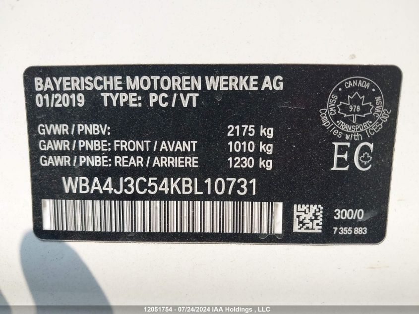 2019 BMW 4 Series VIN: WBA4J3C54KBL10731 Lot: 12051754