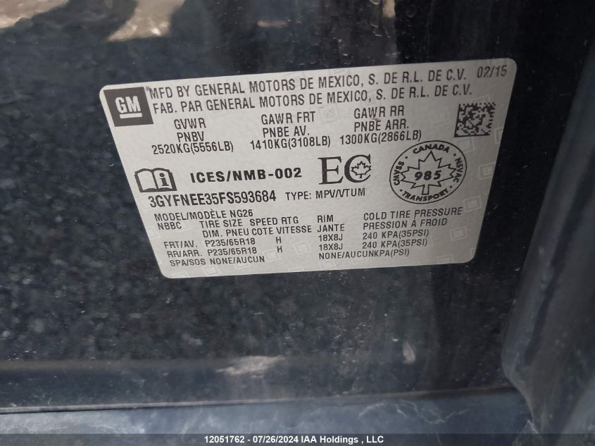 2015 Cadillac Srx Luxury Collection VIN: 3GYFNEE35FS593684 Lot: 12051762