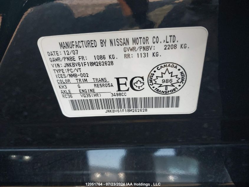 2008 Infiniti G35 VIN: JNKBV61F18M262628 Lot: 12051764