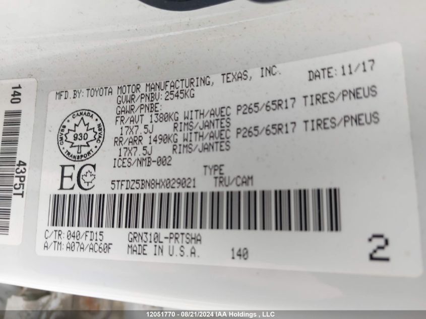 2017 Toyota Tacoma Trd Off Road/Trd Sport VIN: 5TFDZ5BN8HX029021 Lot: 12051770