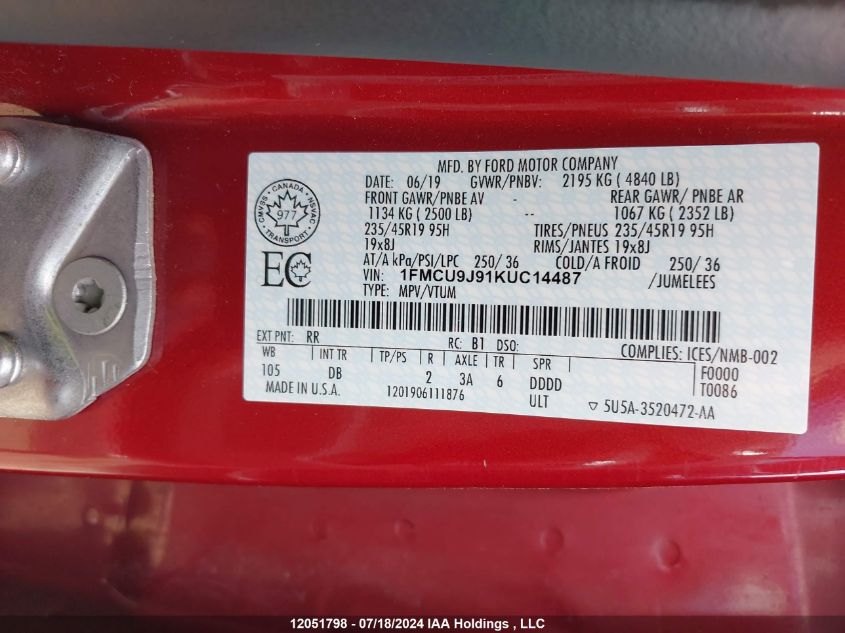 2019 Ford Escape Titanium VIN: 1FMCU9J91KUC14487 Lot: 12051798