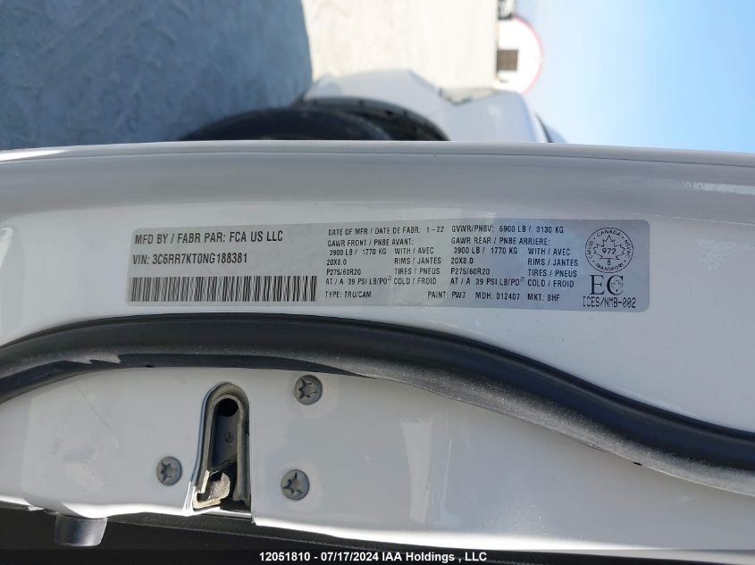 2022 Ram 1500 Classic Tradesman VIN: 3C6RR7KT0NG188381 Lot: 12051810