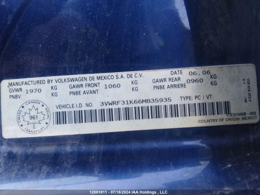 2006 Volkswagen Jetta 2.5L VIN: 3VWRF31K66M835935 Lot: 12051811