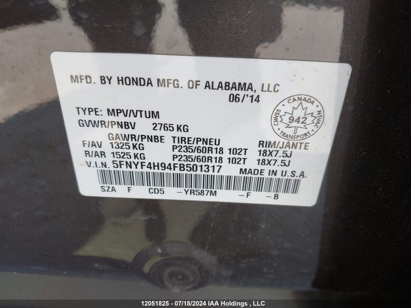 2015 Honda Pilot Touring VIN: 5FNYF4H94FB501317 Lot: 12051825