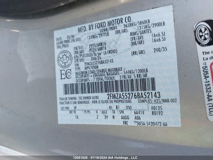 2006 Ford Freestar Se VIN: 2FMZA55276BA52143 Lot: 12051826