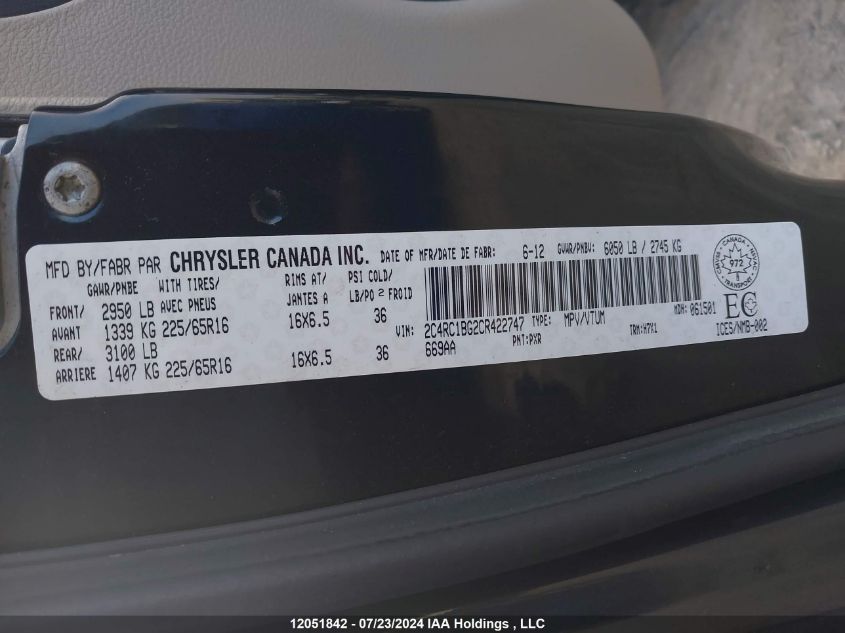 2012 Chrysler Town & Country Touring VIN: 2C4RC1BG2CR422747 Lot: 12051842