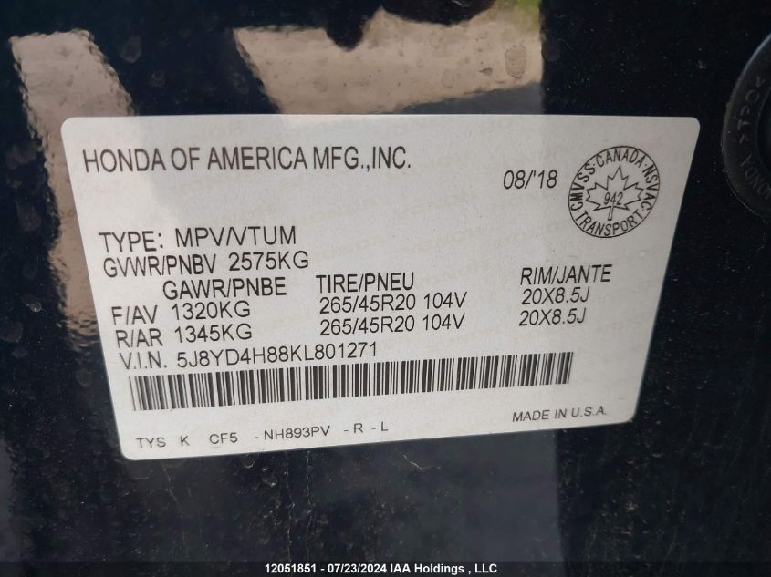 2019 Acura Mdx VIN: 5J8YD4H88KL801271 Lot: 12051851