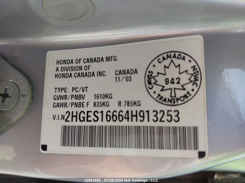 2004 Honda Civic Sdn VIN: 2HGES16664H913253 Lot: 12051852