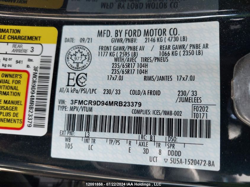 2021 Ford Bronco Sport Badlands VIN: 3FMCR9D94MRB23379 Lot: 12051858