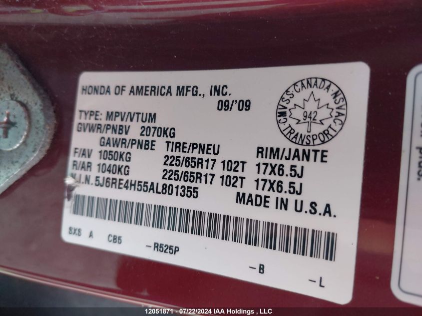 2010 Honda Cr-V Ex VIN: 5J6RE4H55AL801355 Lot: 12051871