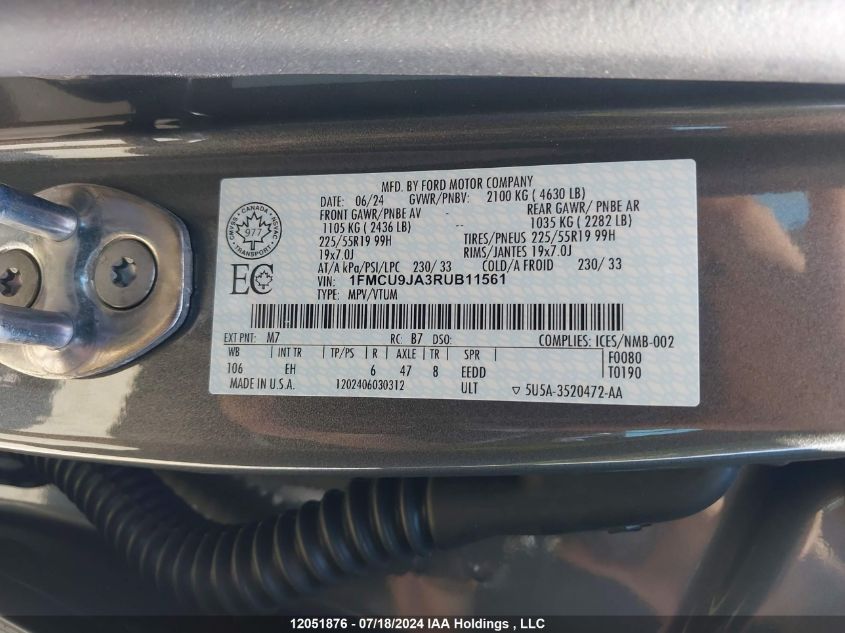 2024 Ford Escape Platinum VIN: 1FMCU9JA3RUB11561 Lot: 12051876