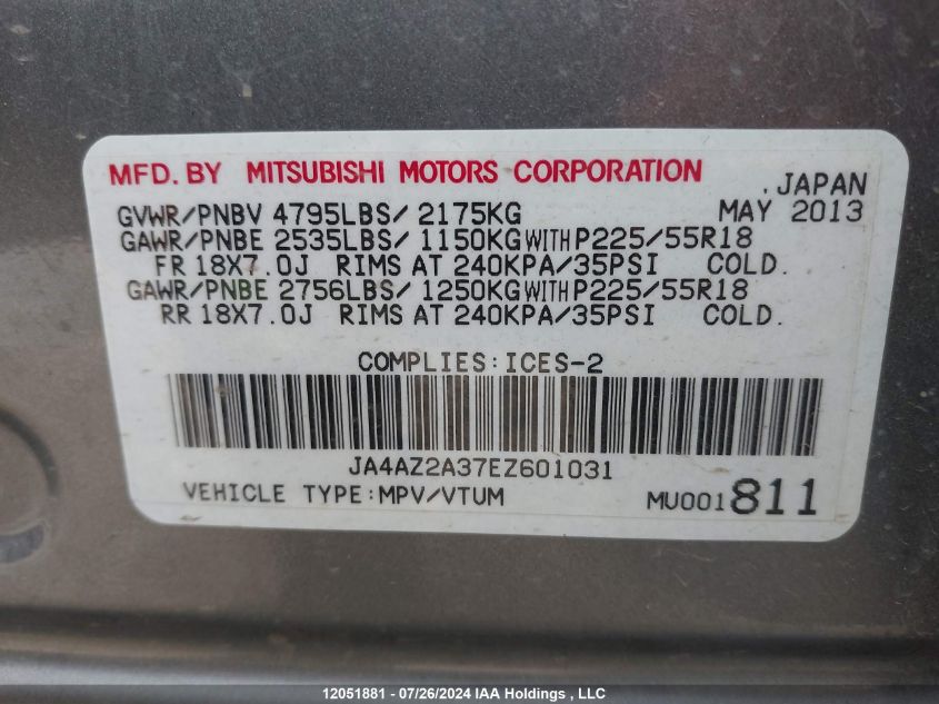 2014 Mitsubishi Outlander VIN: JA4AZ2A37EZ601031 Lot: 12051881